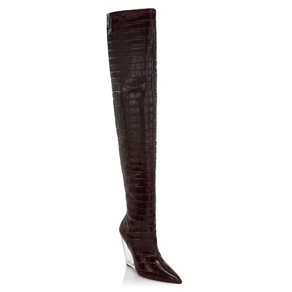 Stuart Weitzman Lucite Croc-Embossed Leather Wedge Boots - Picture 4 of 15